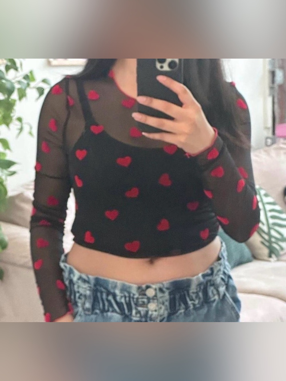 Black Sheer Long-Sleeve Top with Red Heart Embroidery - Women